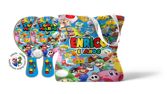Kit Sacola Tecido e Raquete Ping Pong - Super Mario e Luigi