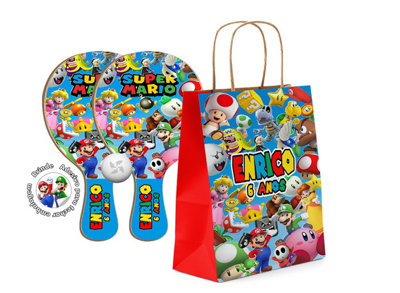 Kit Sacola de Papel e Raquete Ping Pong - Mario e Luigi