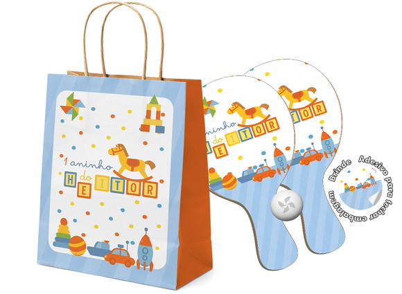 Kit Sacola de Papel e Raquete Ping Pong - Tema Brinquedos