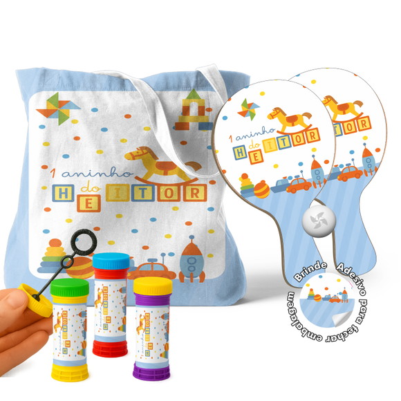 Sacola com Raquetes e Bolha de Sabão - Tema Brinquedos