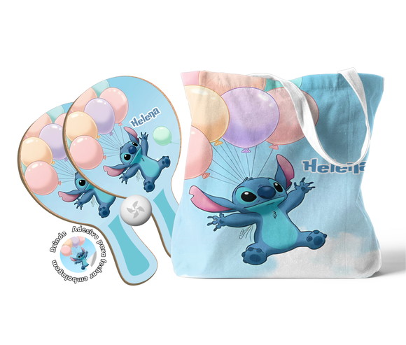 Kit Sacola Tecido e Raquete Ping Pong - Stitch Balões
