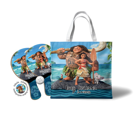 Kit Sacola Tecido e Raquete Ping Pong - Moana e Mauí