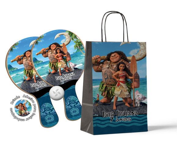 Kit Sacola de Papel e Raquete Ping Pong - Moana e Mauí
