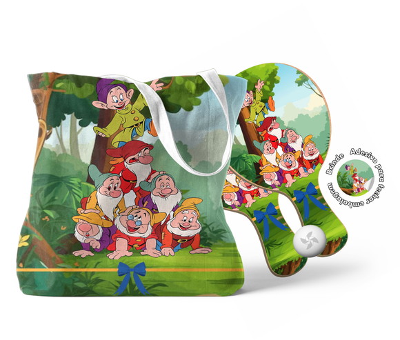 Kit Sacola Tecido e Raquete - 7 Anões Branca de Neve