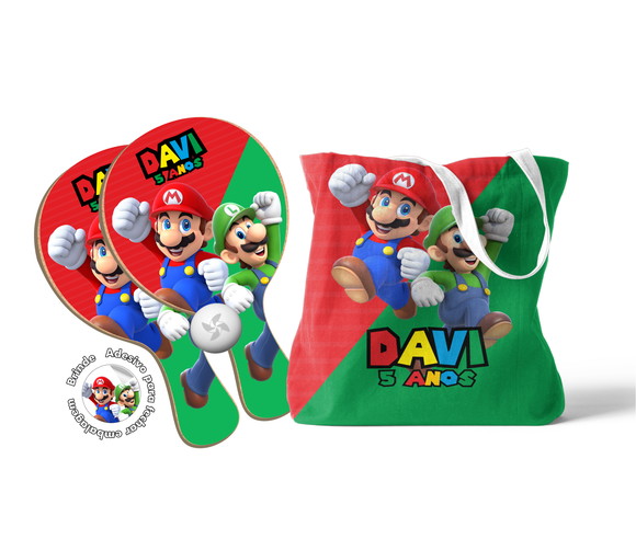 Kit Sacola Tecido e Raquete Ping Pong - Mario Bross