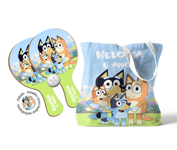 Kit Sacola Tecido e Raquete Ping Pong - Bluey e Bingo