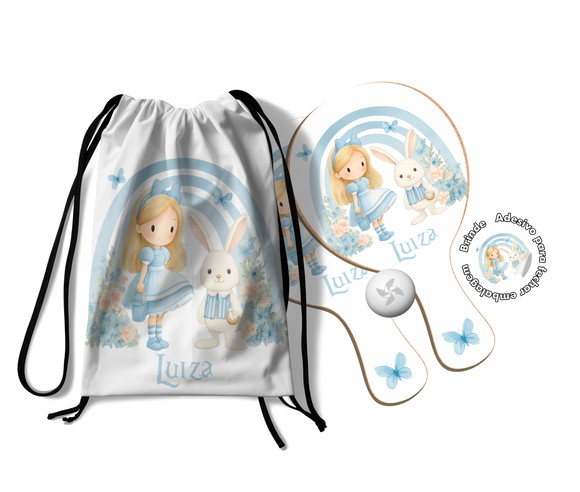 Kit Mochilinha e Raquetes -alice no País das Maravilhas