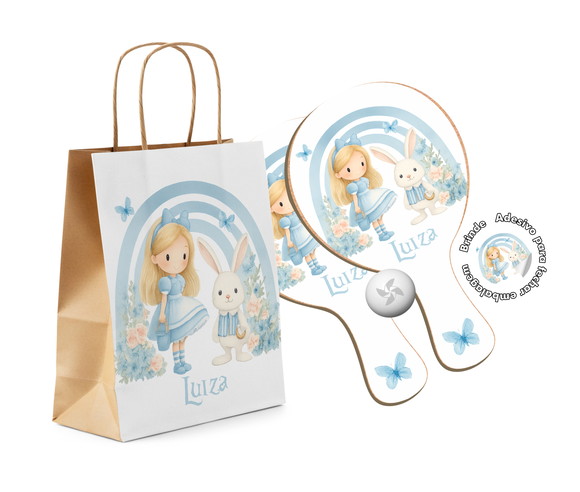 Kit Sacola de Papel e Raquete -alice no País das Maravilhas