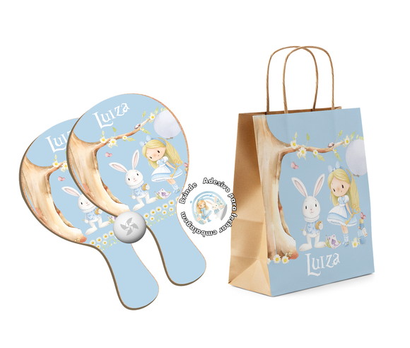 Kit Sacola de Papel e Raquete -alice no País das Maravilhas
