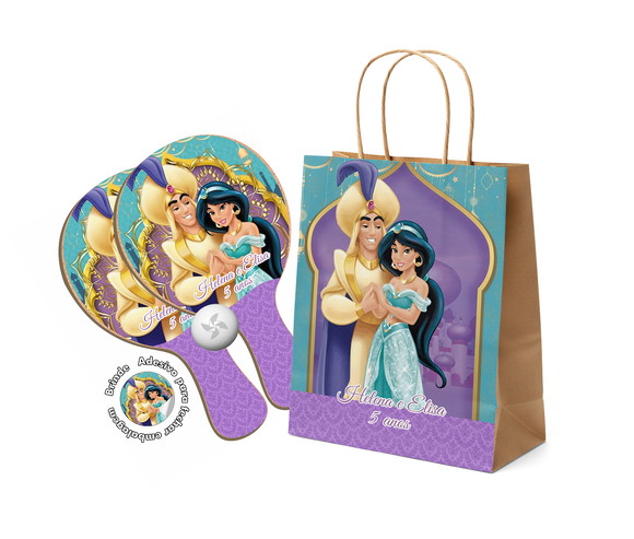 Kit Sacola de Papel e Raquete Ping Pong - Aladdin e Jasmine