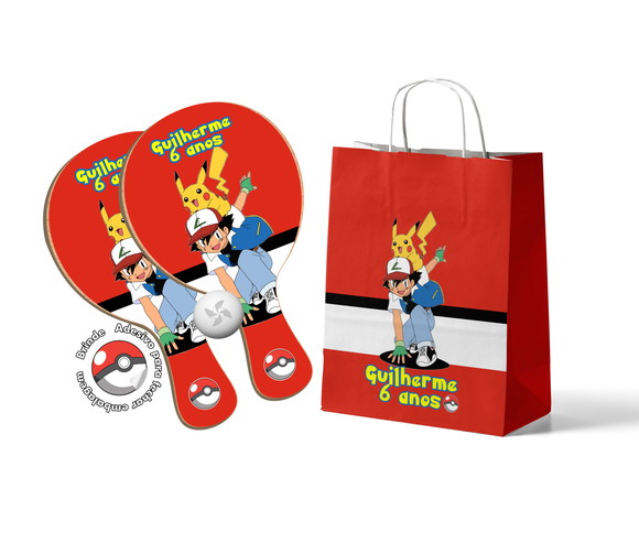 Kit Sacola de Papel e Raquete Ping Pong - Pokemon Pikachu