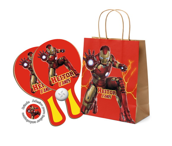 Kit Sacola de Papel e Raquete Ping Pong - Homem de Ferro