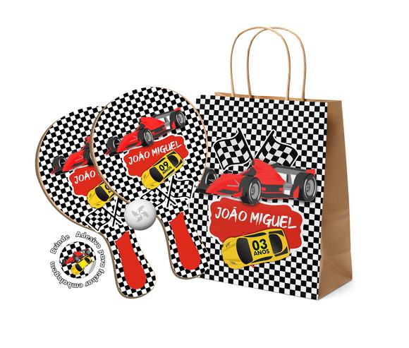 Kit Sacola de Papel e Raquete Ping Pong - Carros de Corrida