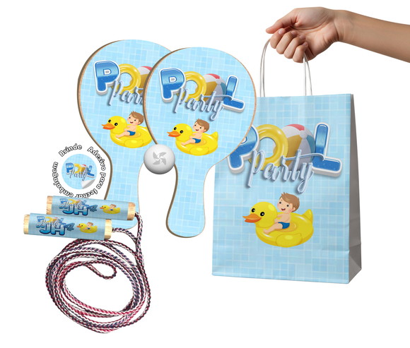 Kit Sacola Kraft Raquetes Ping Pong Pula Corda - Pool Party