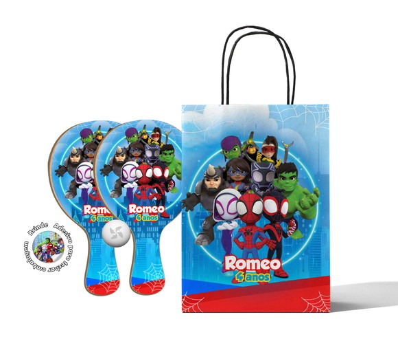Kit Sacola Papel e Raquetes Ping Pong - Spidey e Seus Amigos