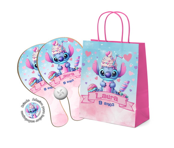 Kit Sacola de Papel e Raquete Ping Pong - Stitch Milk Shake