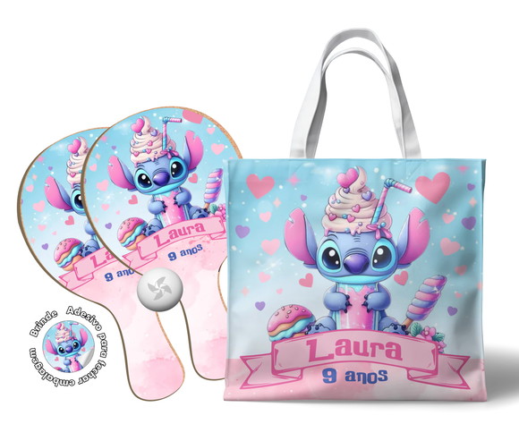 Kit Sacola Tecido e Raquete Ping Pong - Stitch Milk Shake
