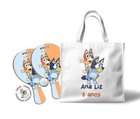 Kit Sacola Tecido e Raquete Ping Pong - Bluey e Bingo
