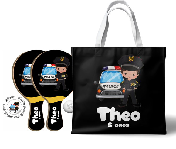 Kit Sacola e Raquete Ping Pong - Tema Infantil Polícia