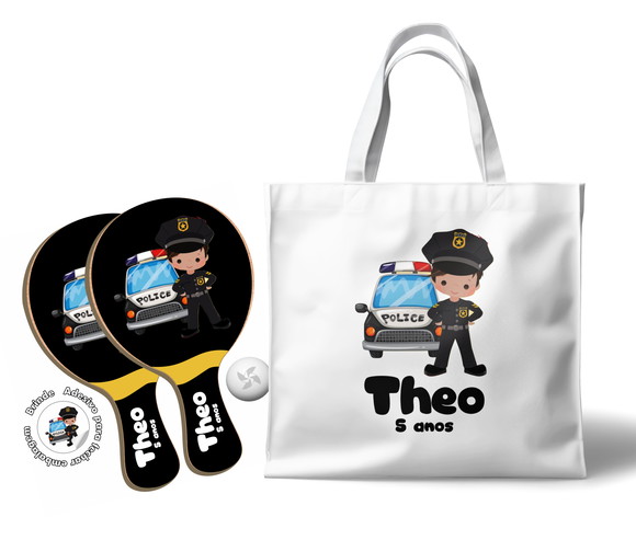 Kit Sacola e Raquete Ping Pong - Tema Infantil Polícia