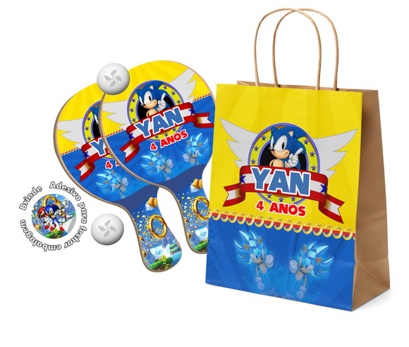 Kit Sacola de Papel e Raquete Ping Pong - Sonic