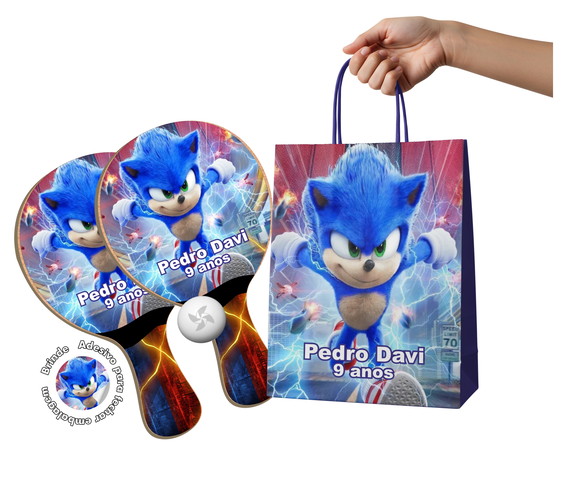 Kit Sacola de Papel e Raquete Ping Pong - Sonic