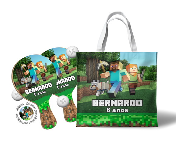 Kit Sacola Tecido e Raquete Ping Pong - Minecraft