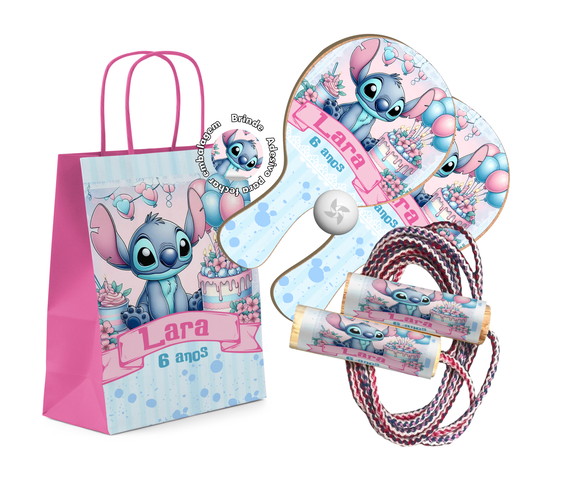 Kit Sacola Kraft Raquetes Ping Pong e Pula Corda Lilo Stitch