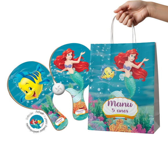 Kit Sacola de Papel e Raquete Ping Pong - Peq. Sereia Ariel