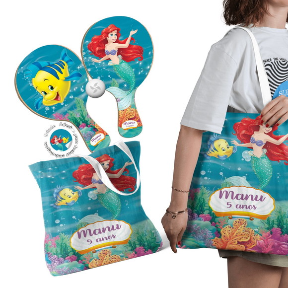 Kit Sacola Tecido e Raquete Ping Pong - Pequena Sereia Ariel