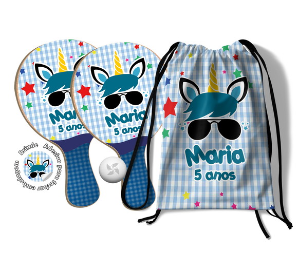 Kit Mochilinha e Raquetes Ping Pong - Unicórnio Azul