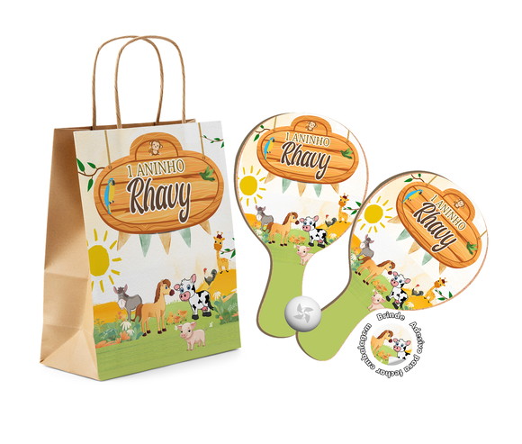 Kit Sacola de Papel e Raquete Ping Pong - Fazendinha