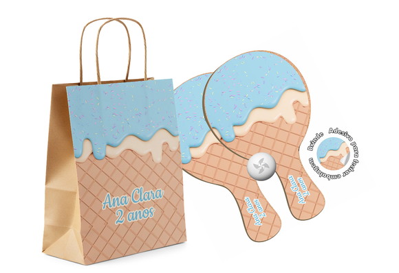 Kit Sacola de Papel e Raquete Ping Pong - Sorvete Doces