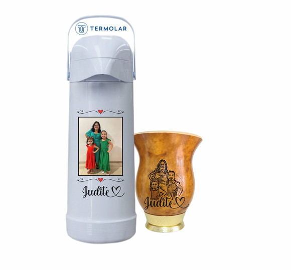Kit Chimarrão Cuia e Garrafa Térmica 1l c/ Pressão Frases