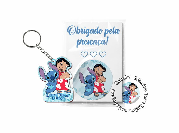 Chaveiro mdf Lembrança Lilo e Stitch com Cartela e Adesivo