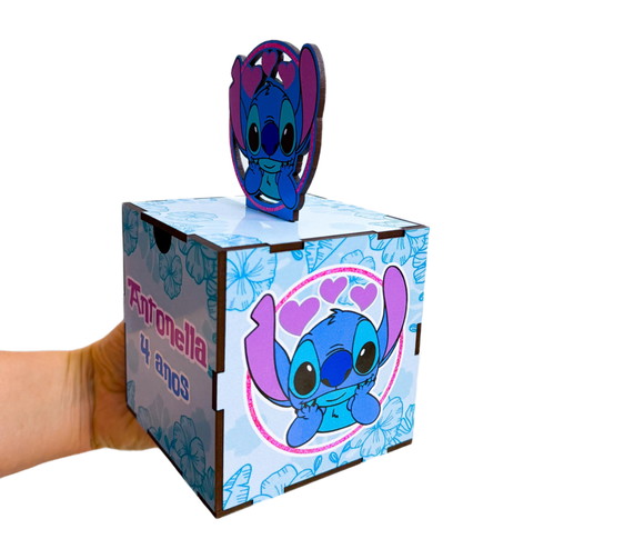 Caixa Cubo Porta Treco Lilo Stitch mdf - 15x15x15 c/ Aplique