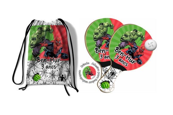 Kit Mochilinha + Raquetes Ping Pong - Homem Aranha e Hulk