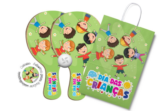 Kit Sacola de Papel e Raquete Ping Pong - Feliz Dia das Cria