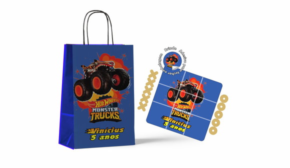 Kit Sacola de Papel e Jogo da Velha Hotweels Monster Trucks