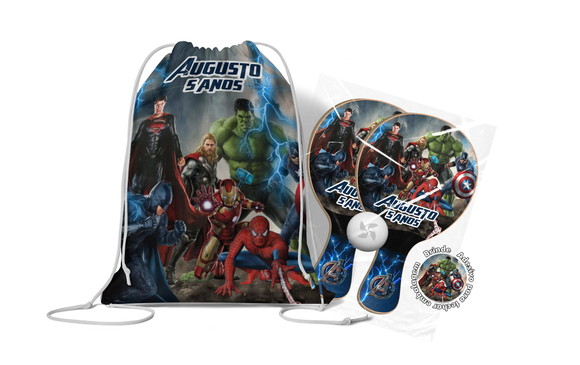 Kit Mochilinha + Raquetes Ping Pong - Vingadores Herois