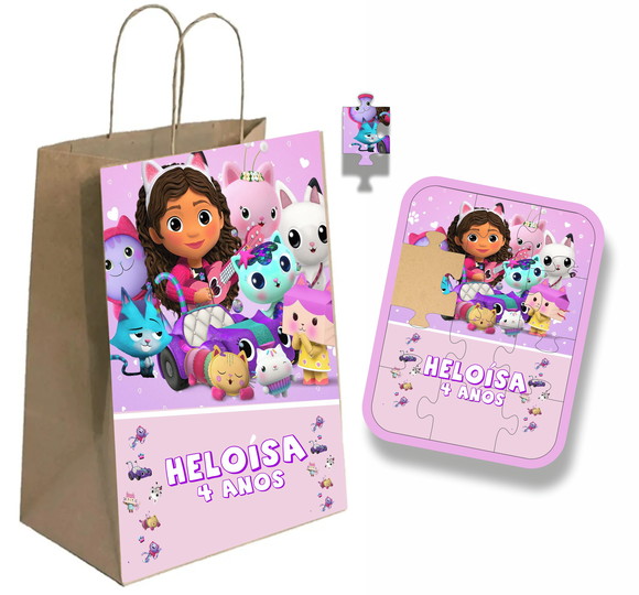 Kit Sacola de Papel e Quebra Cabeça Casa Mágica da Gaby