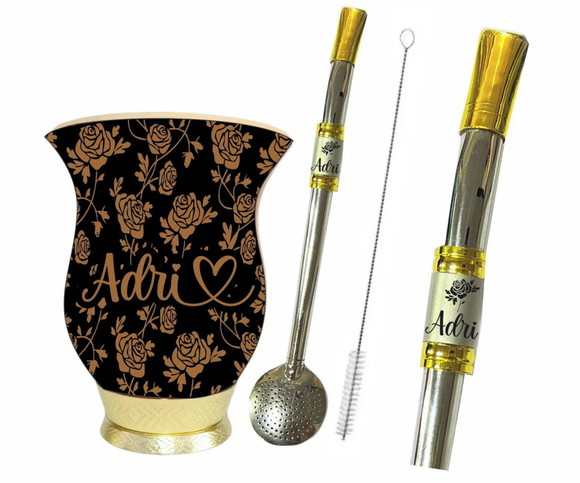 Cuia Mate Chimarrão Floral com Estampa Flores e Bomba