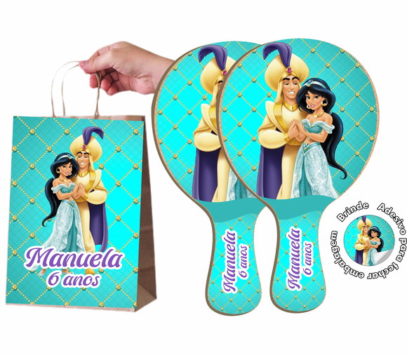 Kit Sacola de Papel e Raquete Ping Pong - Aladin e Jasmine