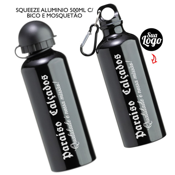 Squeeze Alumínio 500 ml Duas Tampas c/ Mosquetão Personaliza