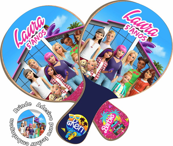 Kit Raquetes Ping Pong, Personalizado Barbie e Ken