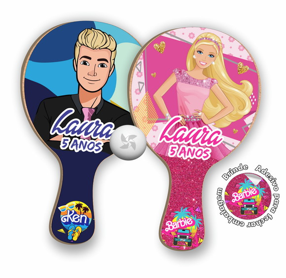 Kit Raquetes Ping Pong, Personalizado Barbie e Ken