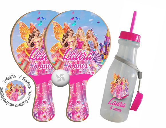 Kit Raquete e Garrafinha Retrô Personalizada Barbie