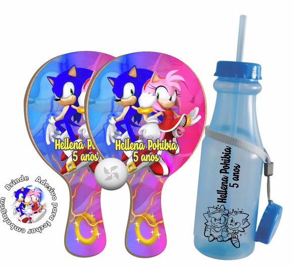 Kit Raquete e Garrafinha Retrô Personalizada Sonic Amy Rose