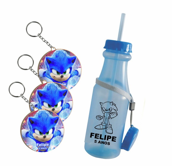 Kit Chaveiros e Garrafinha Retro Personalizada Sonic