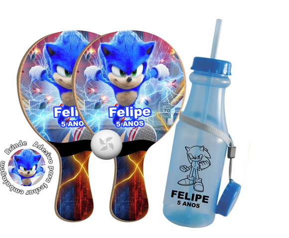 Kit Raquete e Garrafinha Retrô Personalizada Sonic